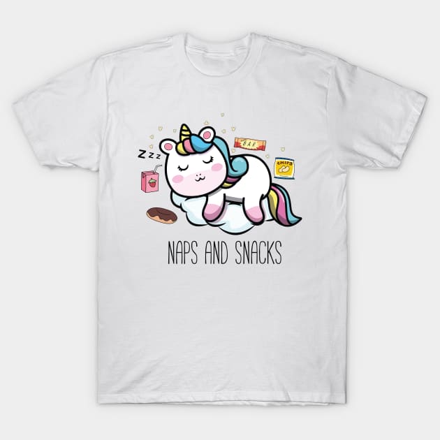 Cute Unicorn Naps and Snacks T-Shirt by Full Moon